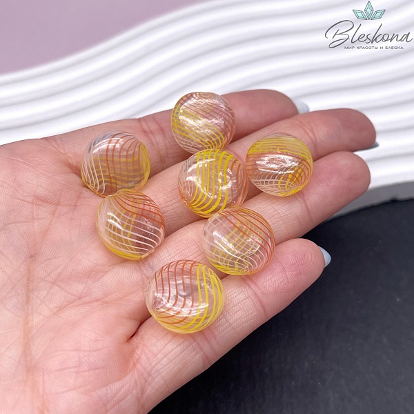 16 мм Бусина таблетка стекло прозрачное желто-оранжевые полосы, отверстие поперек