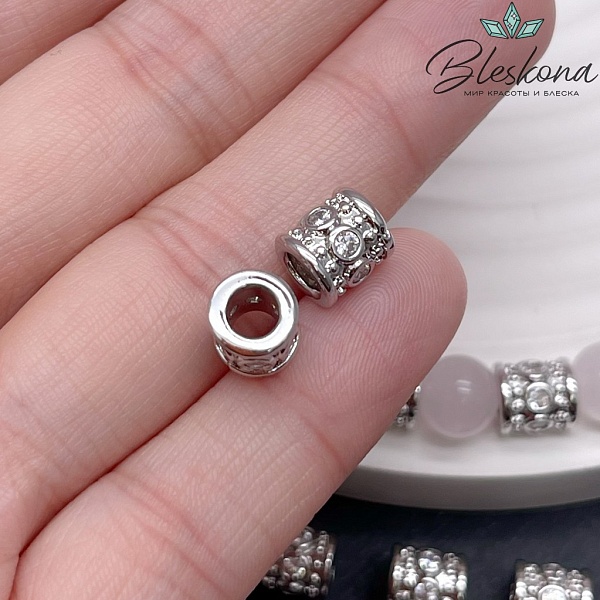 7,7*7,2 мм Цвет серебро, Бусина Цилиндр с цирконами