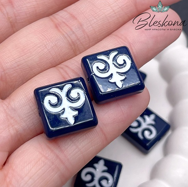 15 мм Бусина Этно квадрат синий белый рисунок