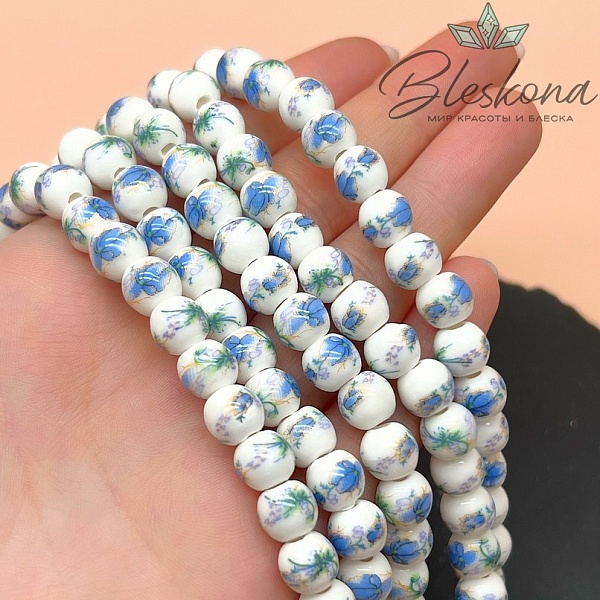 8 мм Керамика Бусина роспись гжель №9
