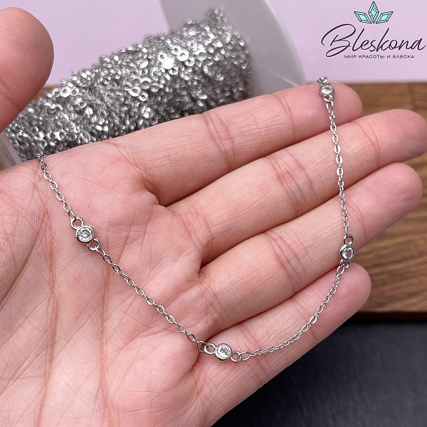 Цепь №200 цвет серебро 1,6*2 мм циркон