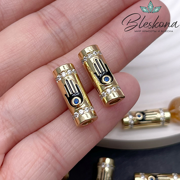 18*7 мм Цвет золото, Бусина цилиндр рука Фатимы цирконы черная эмаль 