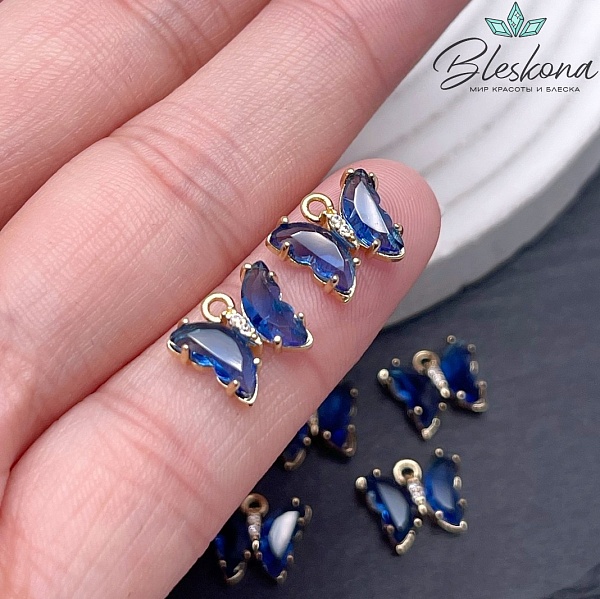 9,5*11 мм, Цвет золото, Подвеска бабочка стекло синее 
