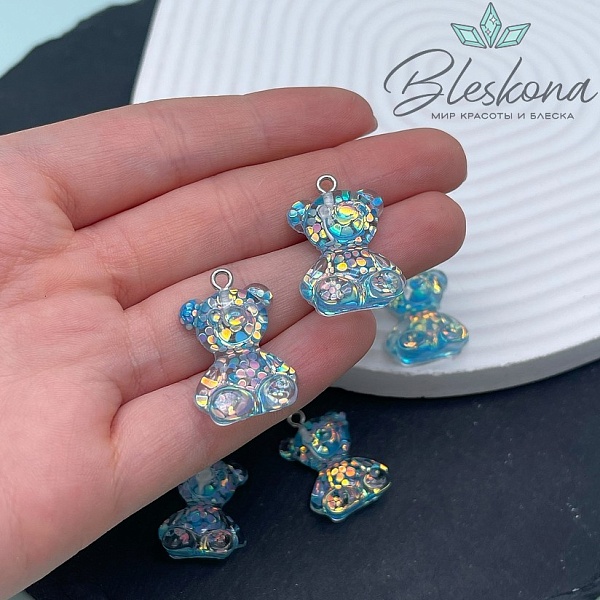17,5*25мм, Цвет серебро, Подвеска Мишка голубой блестки