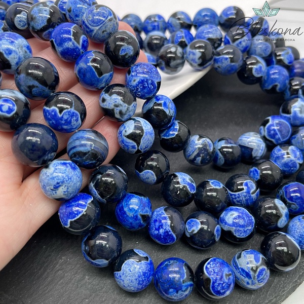 Агат черный синие разводы (имитация) 14 мм