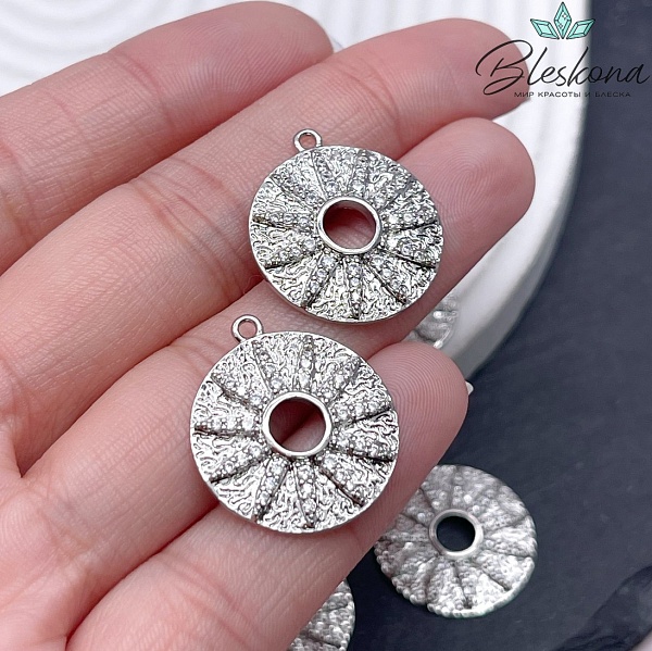 22,5*20 мм Цвет серебро, Подвеска солнце круг цирконы 