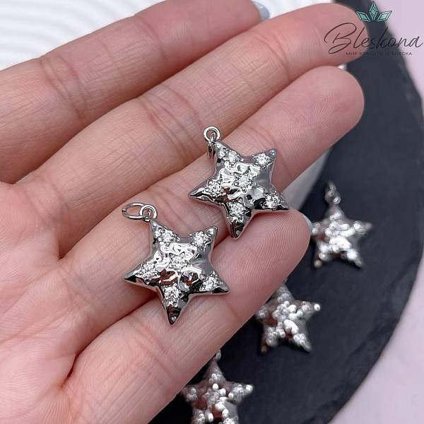 19,7*18 мм Цвет серебро, Подвеска звезда мятая с цирконами