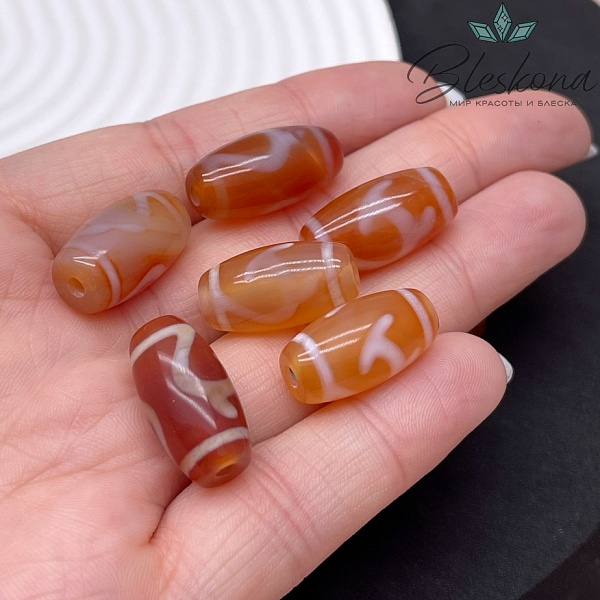 Бусина Дзи Зеленая тара бело-коричневый бочонок №1 20*11 мм