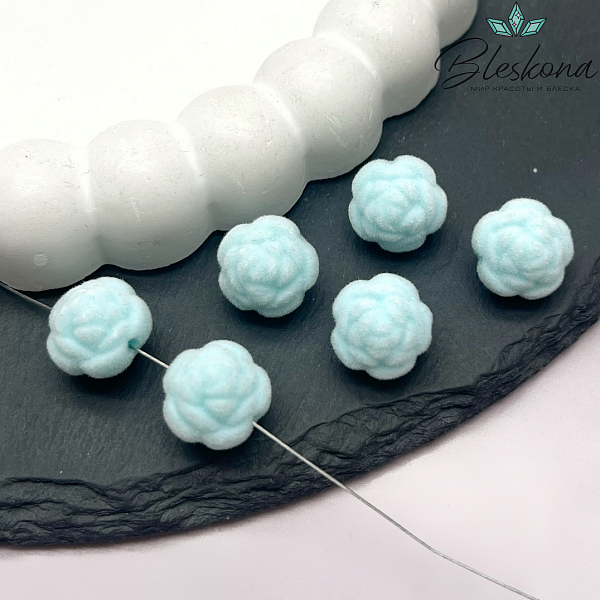 12мм Бархатная бусина Цветок - Роза, Цвет голубой