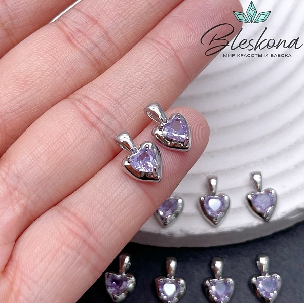 12*8 мм Цвет серебро, Подвеска Сердце фиолетовый циркон