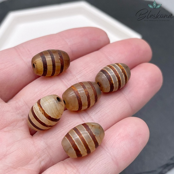 Бусина Дзи полосатая серо-коричневый бочоной 10*14 мм