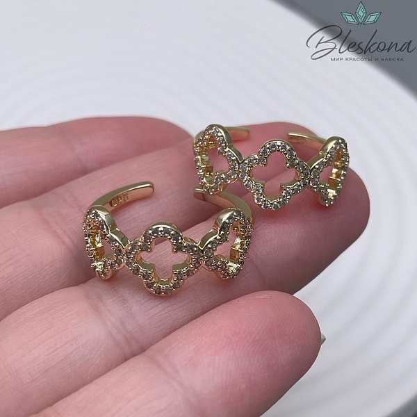 20 мм Цвет золото, Кольцо безразмерное 3 клевера цирконы Люкс 