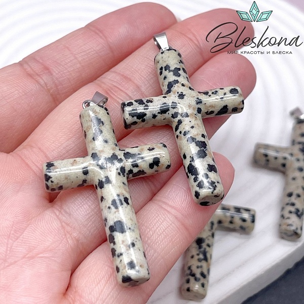 Подвеска крест Яшма далматиновая, цвет серебро 43*28 мм