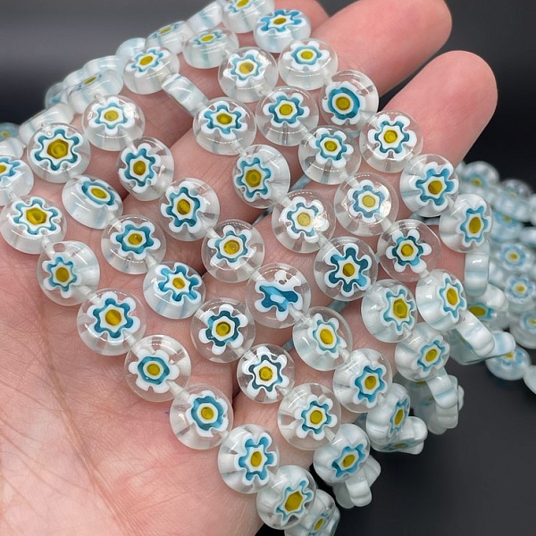 Муранское стекло голубое круг цветок  10 мм