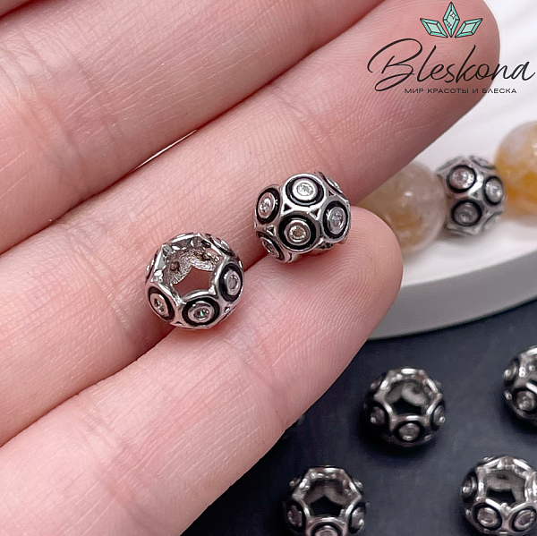7*9 мм Цвет серебро, Бусина бочонок круги цирконы черная эмаль