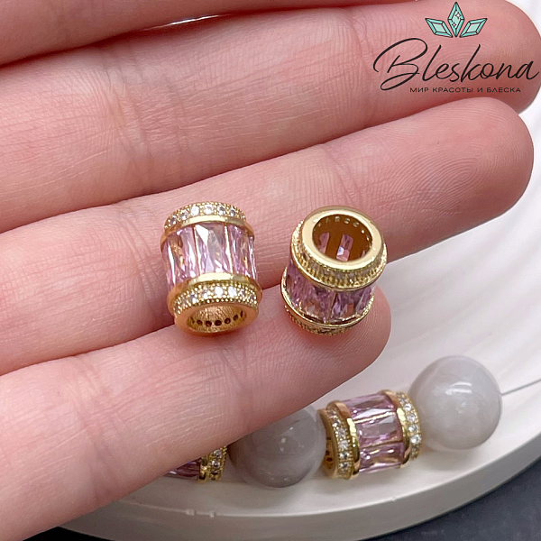 11*9,5 мм, цвет золото, Бусина цилиндр розовые цирконы