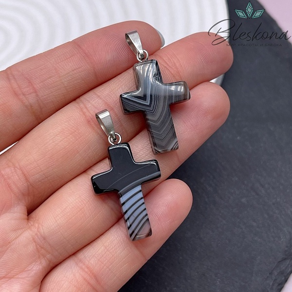 Подвеска крест Агат черный с прожилками, цвет серебро 28*18 мм