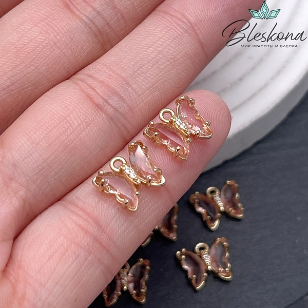 9,5*11 мм, Цвет золото, Подвеска бабочка стекло розовое №1