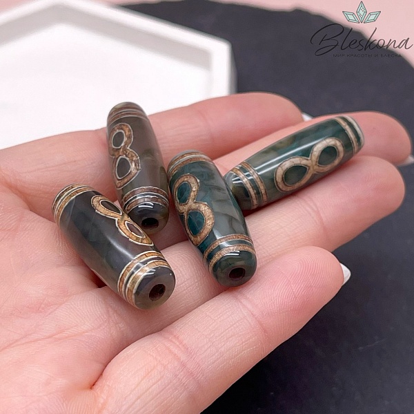 Бусина Дзи Бесконечность зелено-коричневый бочонок 30*11 мм