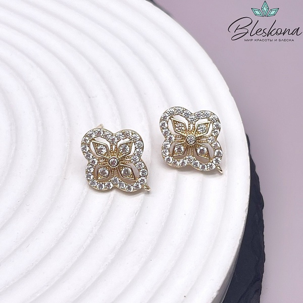 17*14 мм Цвет золото, Пусеты цветочек цирконы