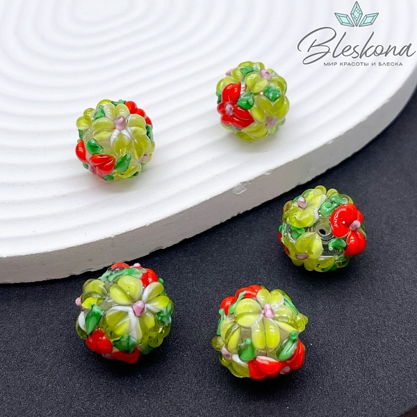 16 мм  Бусина шар цветок желто- красный