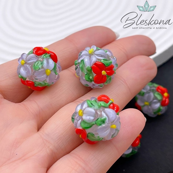 16 мм  Бусина шар цветок серо- красный