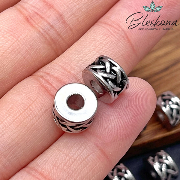 10*6 мм Цвет серебро, Бусина цилиндр косичка эмаль