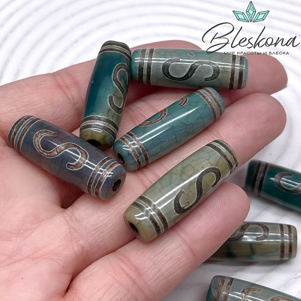 Бусина Дзи Денежный крючок зелено-коричневый бочонок 30*11 мм