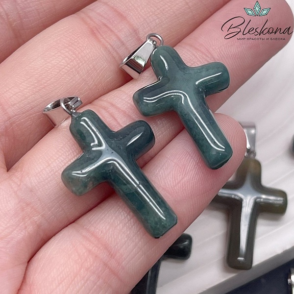 Подвеска крест Агат Моховой, цвет серебро 28,5*18 мм