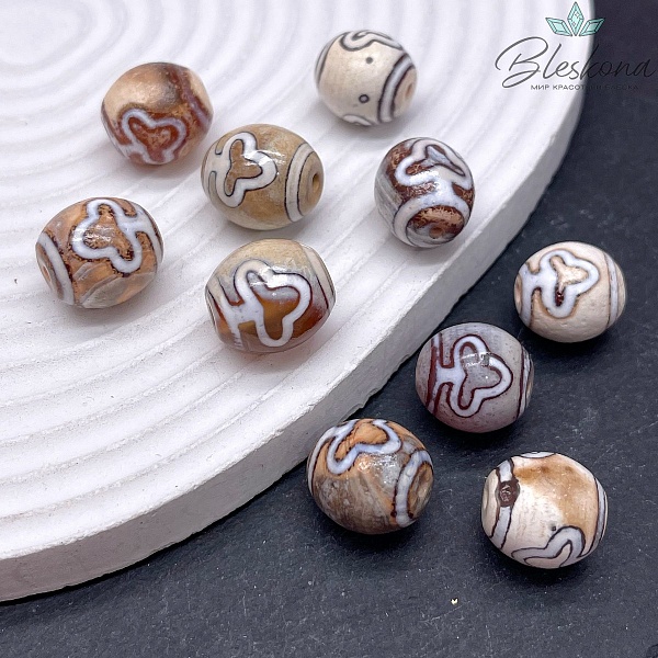 Бусина Дзи Бодха серо-коричневый бочонок 14*14 мм