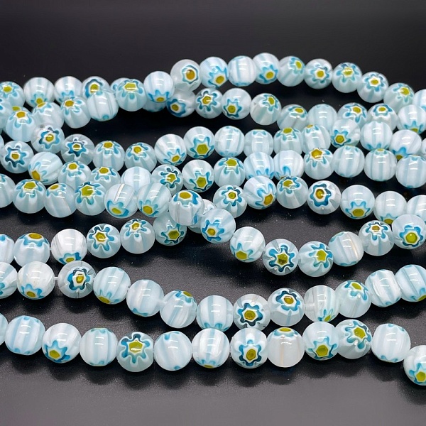 Муранское стекло голубое цветы  8мм