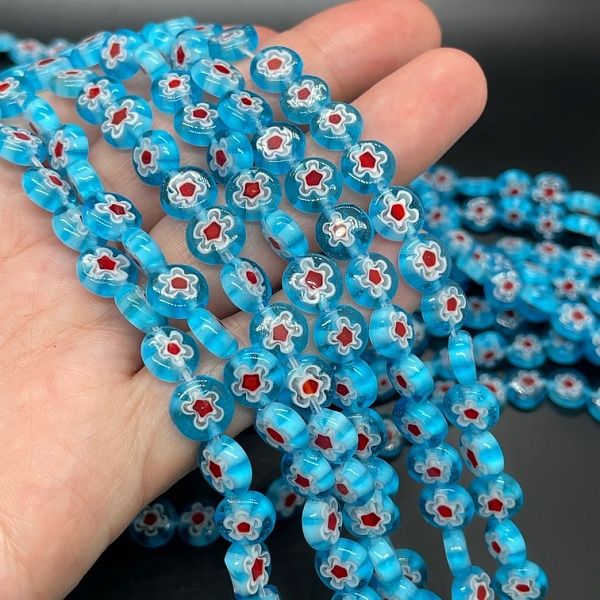 Муранское стекло синее круг цветок  8 мм