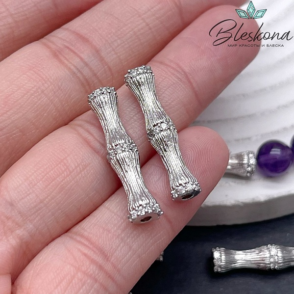 25*5 мм Цвет серебро, Бусина трубочка бамбук резной с цирконами