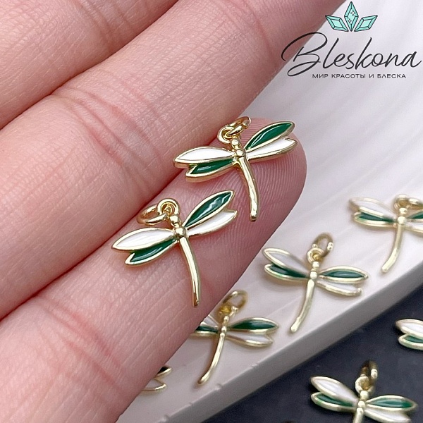 17*19 мм Цвет золото, Подвеска Стрекоза бело- зеленая эмаль