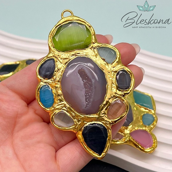 74*60 мм Цвет золото, Подвеска друза Агата и Микс камней №2