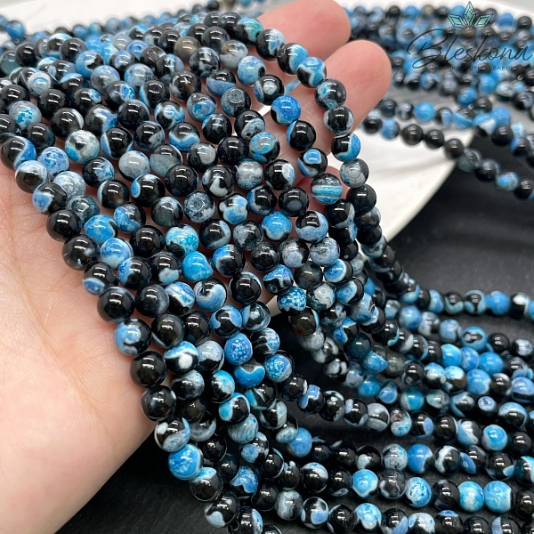 Агат черный голубые разводы (имитация) 6 мм