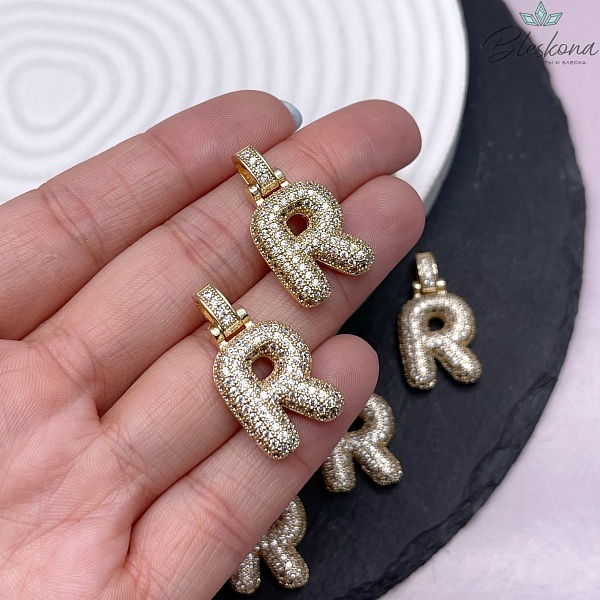 28 мм, Цвет золото, Буква цирконы объемная с бейлом R