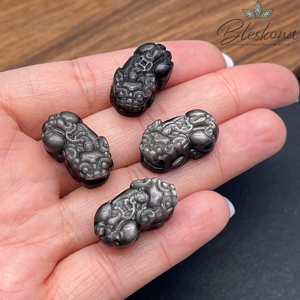 21*12 мм Резная бусина Пи Яо Обсидиан серебристый