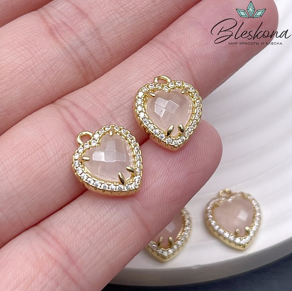 12*14мм ,цвет золото, Подвеска Сердце в обрамлении Розовый кварц огранка цирконы