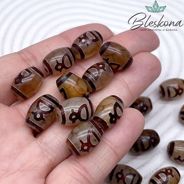Бусина Дзи Кубера серо-коричневый бочонок 10*14 мм