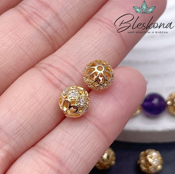 8 мм Цвет золото, Бусина цветок стразы посередине