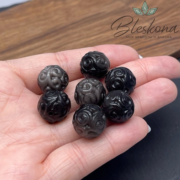 Резная бусина Узор Обсидиан серебристый шар 14,5 мм