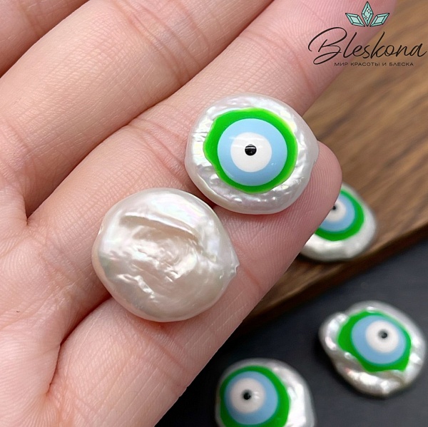 Жемчуг фриформ с глазком зеленая эмаль ~16-18 мм