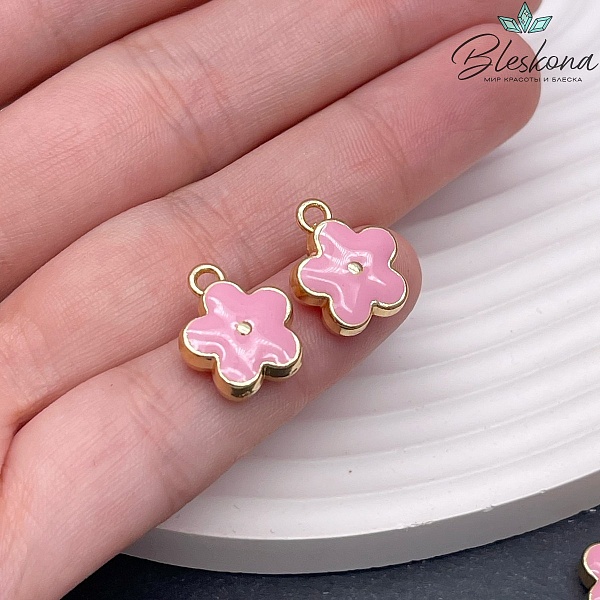 15*12 мм, Цвет золото, Подвеска Цветок розовая эмаль