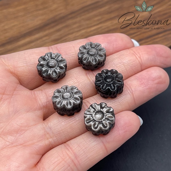 Резная бусина Цветок Обсидиан серебристый 14 мм