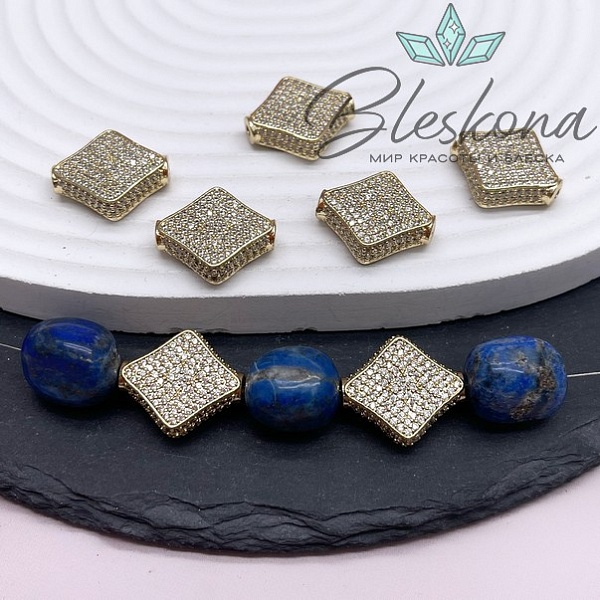 19*17 мм Цвет золото, Бусина ромб плоский цирконы