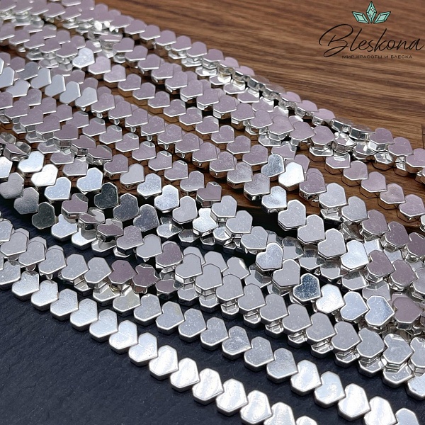 7*8мм Гематин имитация, светлое серебро, сердце углы