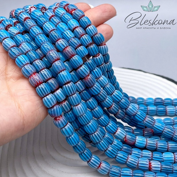 Муранское стекло бочата красно- голубые, полосы 7*8 мм