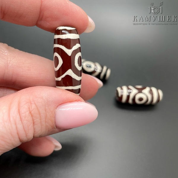 Бусина Дзи 3 глаза коричнево-белый бочонок 30*11 мм