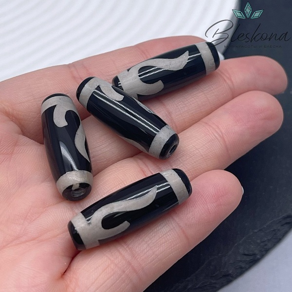 Бусина Дзи Золотой ключ черно-белый бочонок  №1 30*11 мм